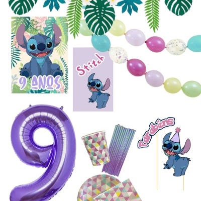 Conjunto de decoração para festa infantil tema Stitch com balão número 9, bandeirinhas, banners e acessórios coloridos