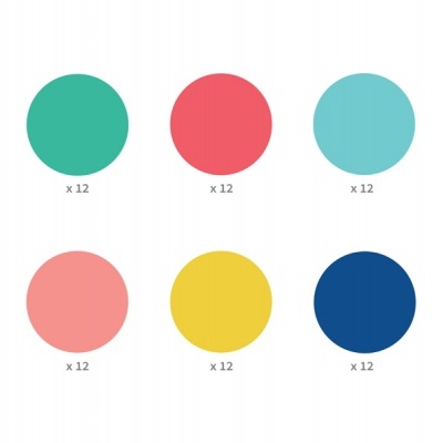 Seis círculos coloridos com texto 'x 12' em fundo branco