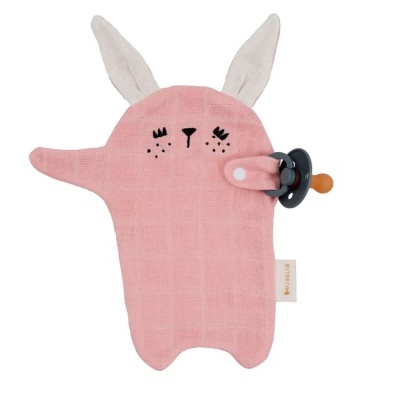 Peluci coelho rosa com orelhas brancas e chupeta presa