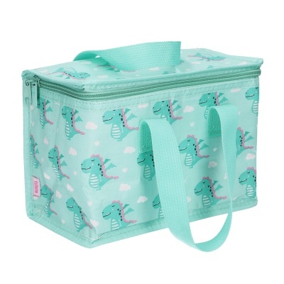 Bolsa térmica azul com padrão de dinossauros cor-de-rosa e branco