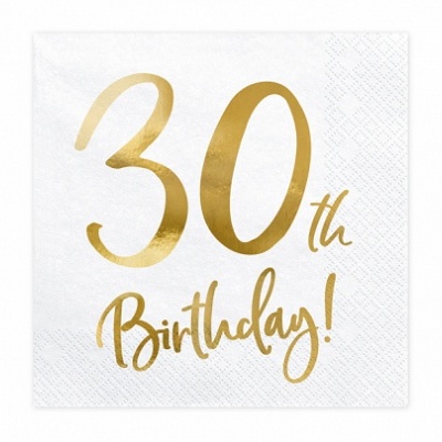 Guardanapo branco com texto dourado '30th Birthday!'