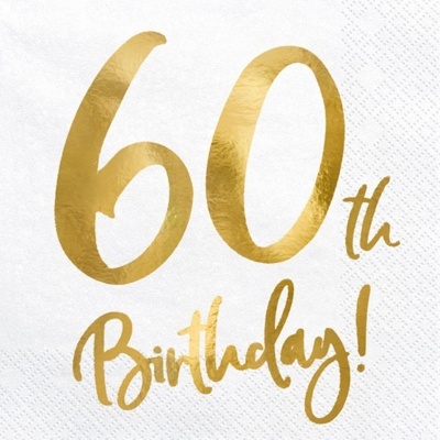 Guardanapo branco com texto dourado '60th Birthday!'