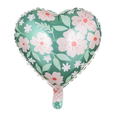 Balão coração metálico com padrão floral verde, branco e rosa