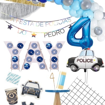 Decoração de festa de polícia com balões, cartazes YAY, balão número 4 e carro de polícia