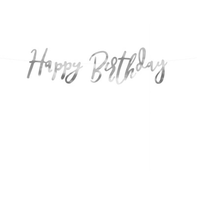 Bandeirola prateada com 'Happy Birthday' em letra cursiva