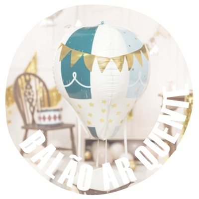 Balão decorativo de ar quente azul, branco e dourado com texto