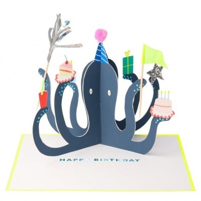 Cartão pop-up polvo azul aniversário com várias decorações coloridas e texto HAPPY BIRTHDAY