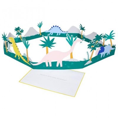 Cartão pop-up com dinossauros e plantas tridimensionais em cores variadas