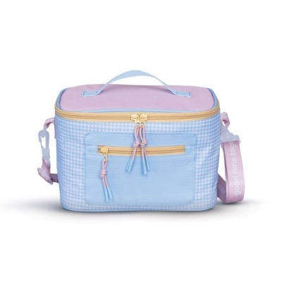 Bolsa térmica azul claro e rosa com alça e zíperes amarelos