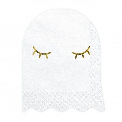 Guardanapo branco em forma de fantasma com olhos fechados dourados