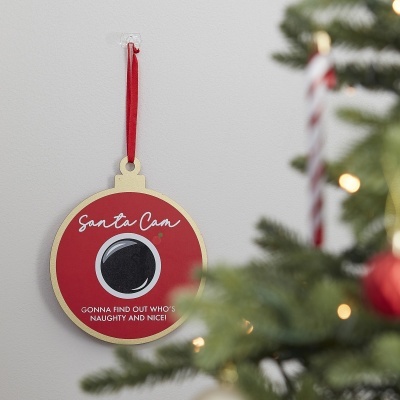 Enfeite de Natal bola vermelha com fita vermelha e texto branco