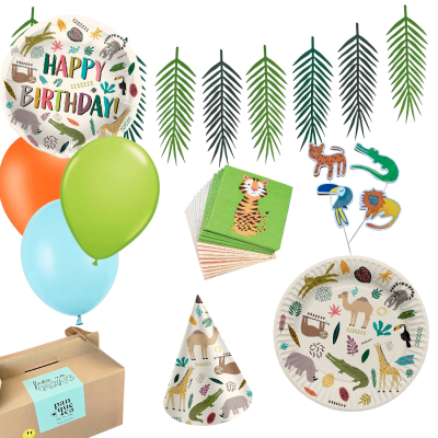 Conjunto de festa infantil com tema de animais selvagens e decoração em verde e cores vivas