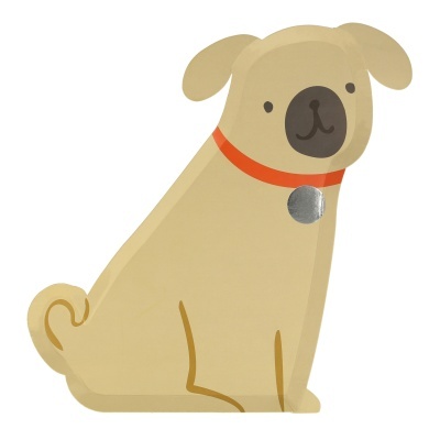 Produto decorativo ou brinquedo em forma de cão bege com coleira vermelha