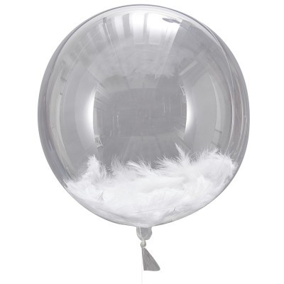 Balão transparente redondo com penas brancas dentro