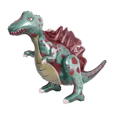 Balão dinossauro verde com manchas vermelhas e barriga bege