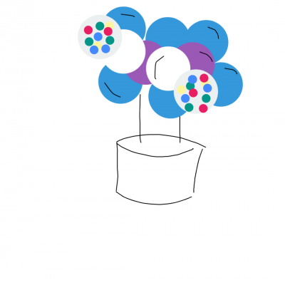 Vaso branco com balões coloridos em ilustração minimalista.