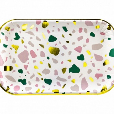 Tabuleiro retangular branco com padrão colorido de manchas e dourado