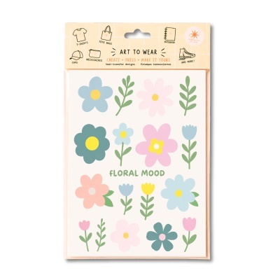 Pacote de estampas termocolantes com flores coloridas e o texto FLORAL MOOD