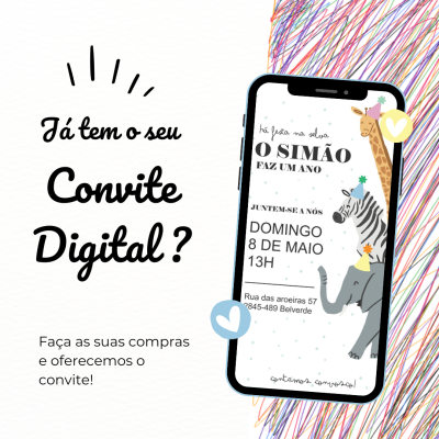 Convite digital para festa infantil com animais em smartphone sobre fundo colorido