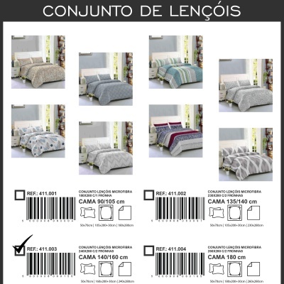 Conjunto de lençóis microfibra em várias cores e padrões expostos em camas, com referências e tamanhos indicados