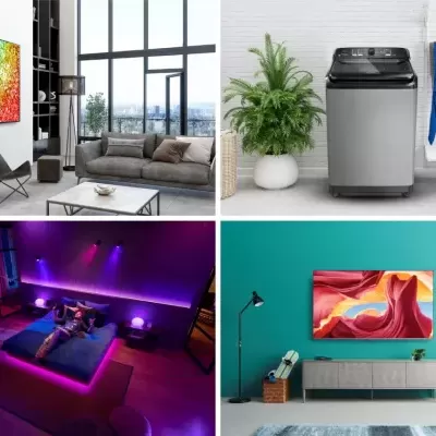 Quatro ambientes interiores diferentes com móveis, eletrodomésticos e decoração moderna