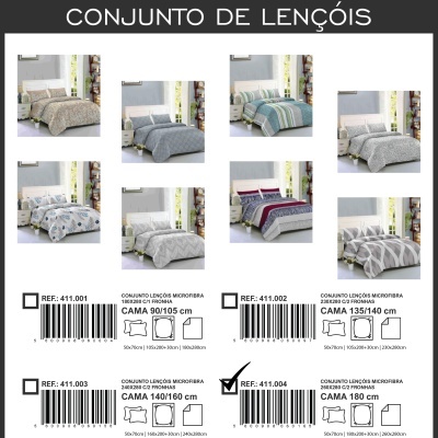 Conjunto de lençóis microfibra com vários padrões e tamanhos, com códigos de referência e barras