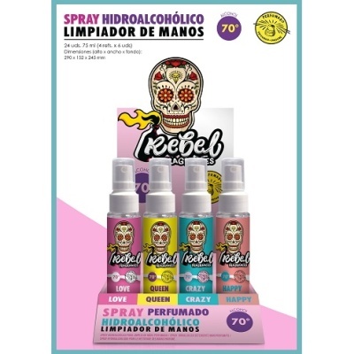 Sprays hidroalcoólicos perfumados com etiquetas coloridas e design de caveiras