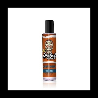 Frasco de perfume Carpe Diem For Men com rótulo laranja e azul e imagem de caveira