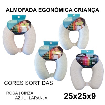 Almofada ergonómica para criança em formato U com embalagem azul e várias unidades mostradas