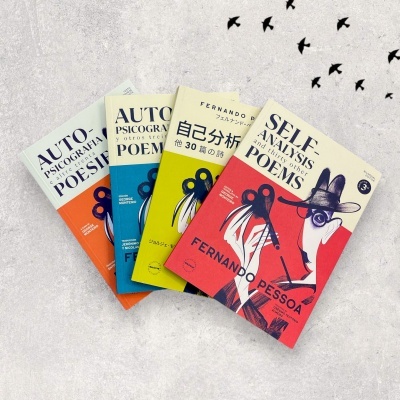 Quatro livros de bolso coloridos com ilustrações, sobre fundo cinza com pássaros em voo