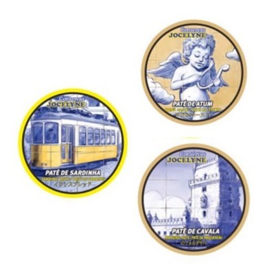 Três latas de paté Conservas Jocelyne com imagens azul e amarelo