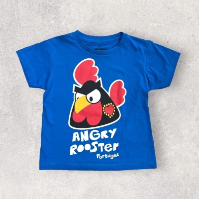 Camiseta azul com estampa de galo corado com texto Angry Rooster Portugal