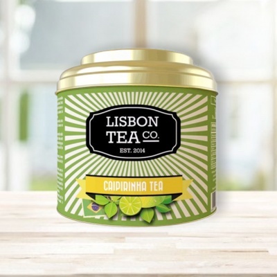 Lata metálica verde de chá Caipirinha Tea da Lisbon Tea Co.