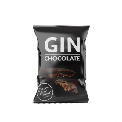 Embalagem preta de GIN CHOCOLATE com chocolates e selo Cacao di Verne