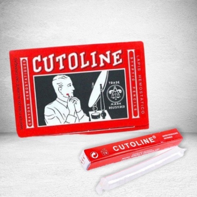 Embalagem vermelha de Cutoline com ilustração e lápis hematológico branco ao lado