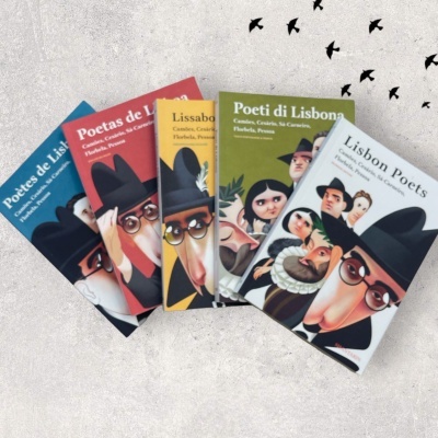 Cinco livros coloridos sobre poetas de Lisboa com capas ilustradas e pássaros pretos na parede