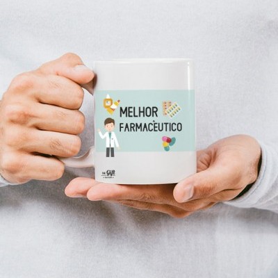 Caneca branca com texto Melhor Farmacêutico e ilustrações farmacêuticas