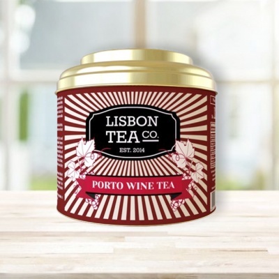 Lata metálica vermelha e dourada de chá Porto Wine Tea da marca Lisbon Tea Co.