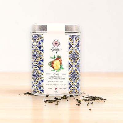 Lata metálica decorada com padrão azul e amarelo de chá verde e ananás dos Açores