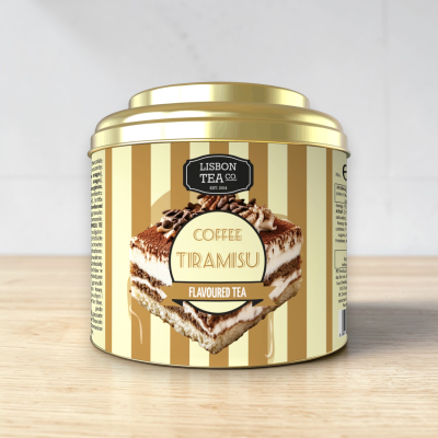 Lata metálica dourada de chá aromatizado Coffee Tiramisu da Lisbon Tea Co.
