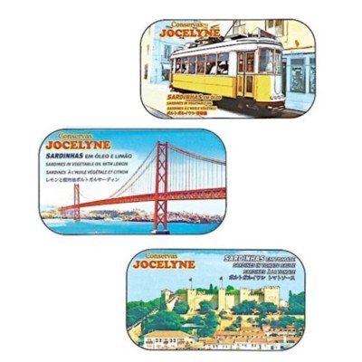 Três latas de conservas JOCELYNE com imagens de elétrico, ponte e castelo