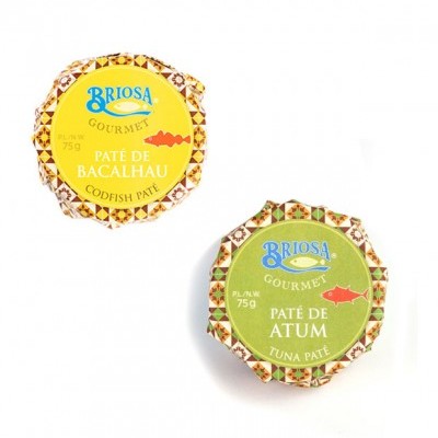 Dois patês gourmet Briosa, de bacalhau e atum, em embalagens redondas com cores amarela e verde