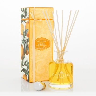 Difusor de aromas amarelo com frasco de vidro e caixa decorada