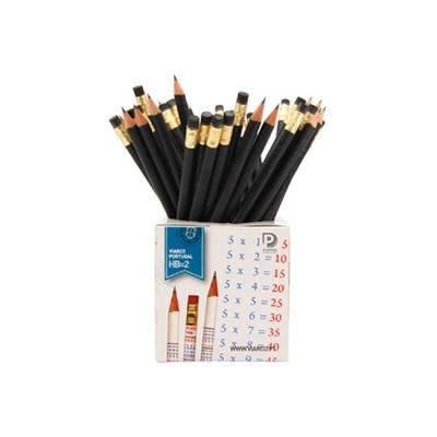 Lápis pretos HB-2 com borrachas dentro de estojo com multiplicações impressas