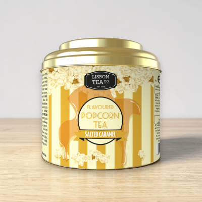 Lata de chá aromatizado de pipoca sabor caramelo salgado da Lisbon Tea Co.