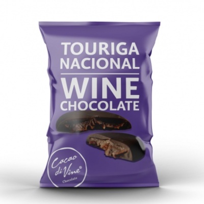 Embalagem roxa de chocolate Touriga Nacional Wine com imagem de chocolate partido