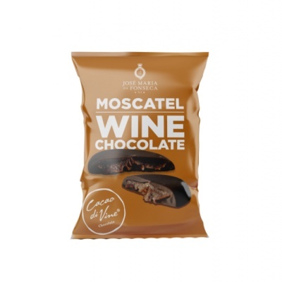 Embalagem castanha de chocolate Moscatel Wine Chocolate com imagem de pedaços de chocolate.