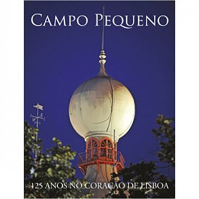 Capa de livro Campo Pequeno com estrutura metálica branca e vermelha e céu azul