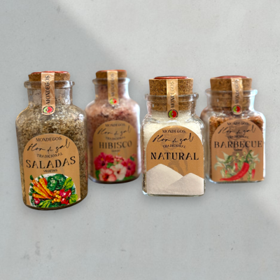 Frascos de vidro com temperos: Saladas, Hibisco, Natural, Barbecue