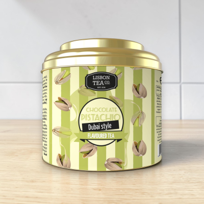 Lata de chá de chocolate e pistáchio com design verde e dourado